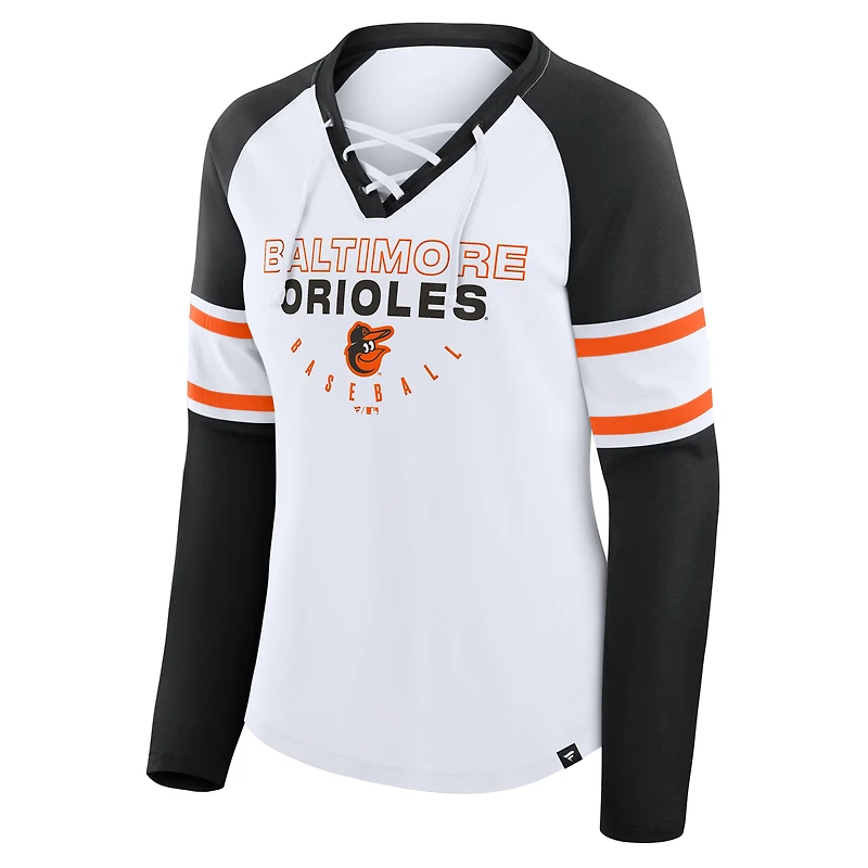 T-shirt à manches longues et col en V lacets raglan pour femme Fanatics, blanc/noir, motif Blitz des Orioles de Baltimore