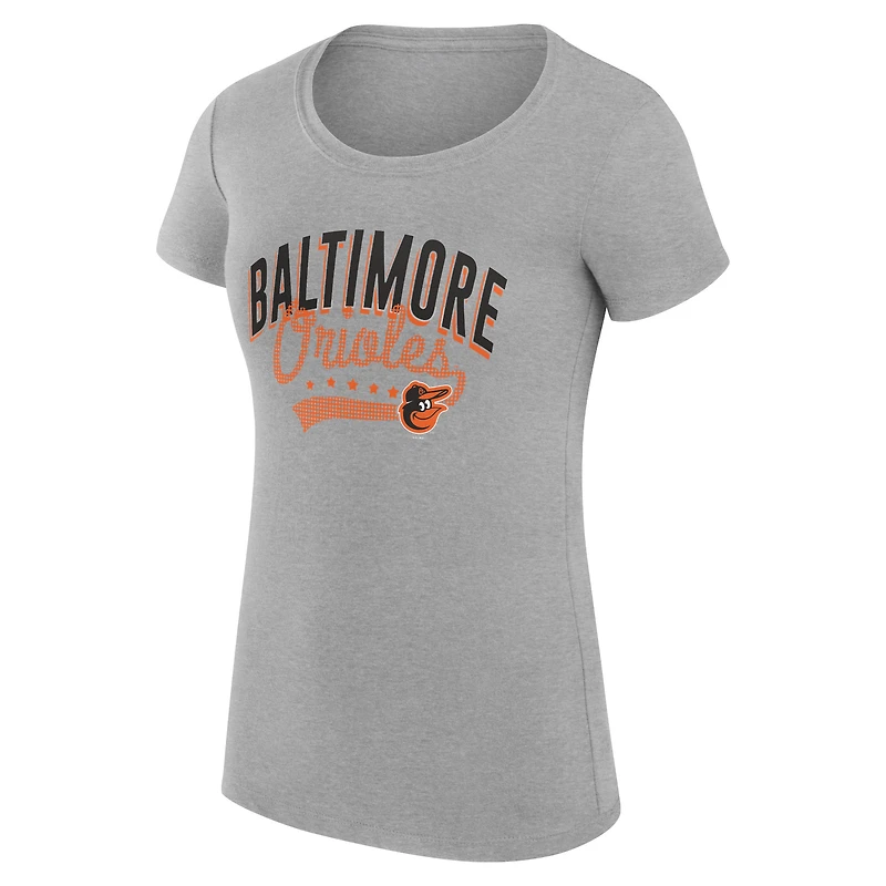 T-shirt G-III 4Her pour femme par Carl Banks, gris chiné, Baltimore Orioles, coupe ultra-slim, léger, à motif filigrane.