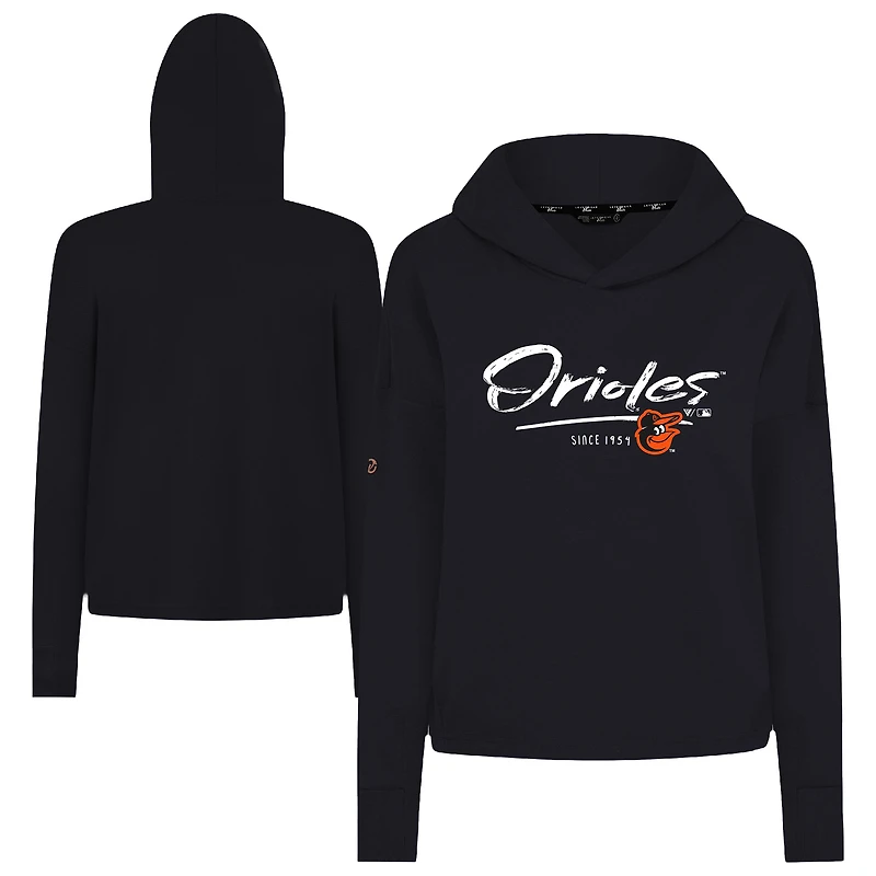 Women's Levelwear Black Baltimore Orioles Accolade Sweet Express Cropped Tri-Blend Pullover Hoodie