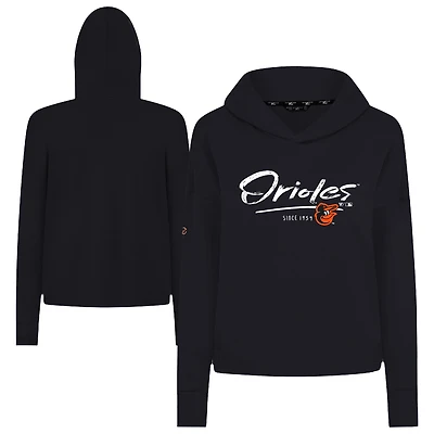 Women's Levelwear Black Baltimore Orioles Accolade Sweet Express Cropped Tri-Blend Pullover Hoodie