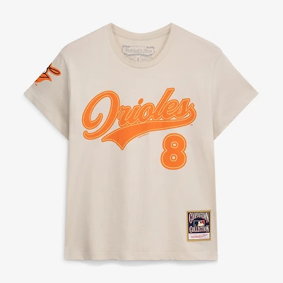 Women's Mitchell & Ness Cal Ripken Jr. Cream Baltimore Orioles Cooperstown Name Number Throwback T-Shirt