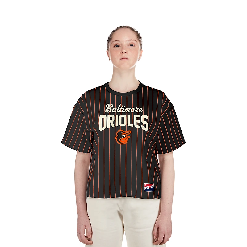 Women's New Era Black Baltimore Orioles Cooperstown Collection Multiplier Pinstripe Cropped T-Shirt