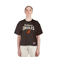 Women's New Era Black Baltimore Orioles Cooperstown Collection Multiplier Pinstripe Cropped T-Shirt