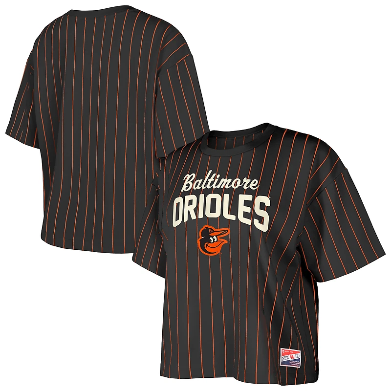 Women's New Era Black Baltimore Orioles Cooperstown Collection Multiplier Pinstripe Cropped T-Shirt