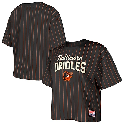 Women's New Era Black Baltimore Orioles Cooperstown Collection Multiplier Pinstripe Cropped T-Shirt
