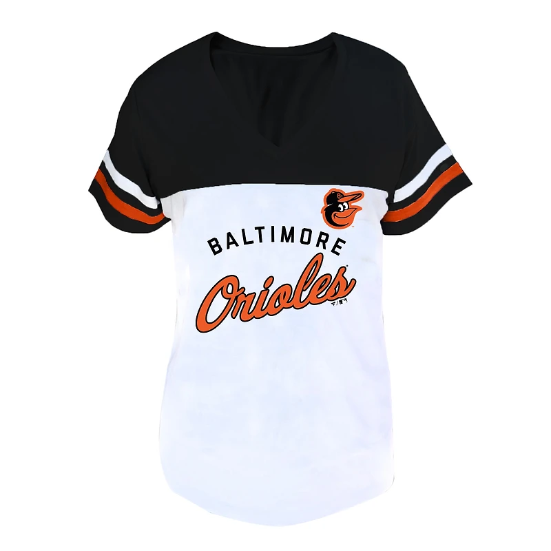 Profil femme - T-shirt à col en V deux rayures blanches et noires Baltimore Orioles, grande taille