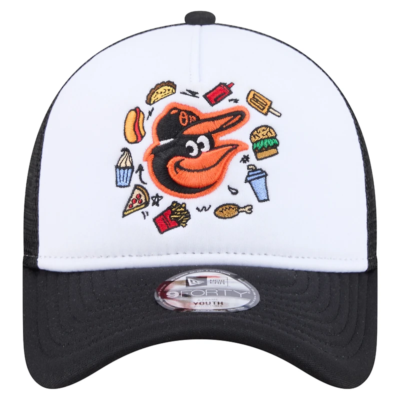 Youth New Era White/Black Baltimore Orioles Food A-Frame 9FORTY Trucker Adjustable Hat
