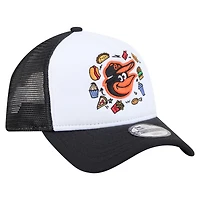 Casquette trucker ajustable New Era blanche et noire Baltimore Orioles Food A-Frame 9FORTY pour jeunes