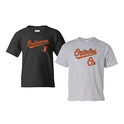 Ensemble de 2 t-shirts a logo Baltimore Orioles pour jeunes, couleur noir/gris chiné, Soft as Grape