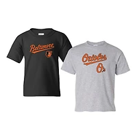 Ensemble de 2 t-shirts a logo Baltimore Orioles pour jeunes, couleur noir/gris chiné, Soft as Grape