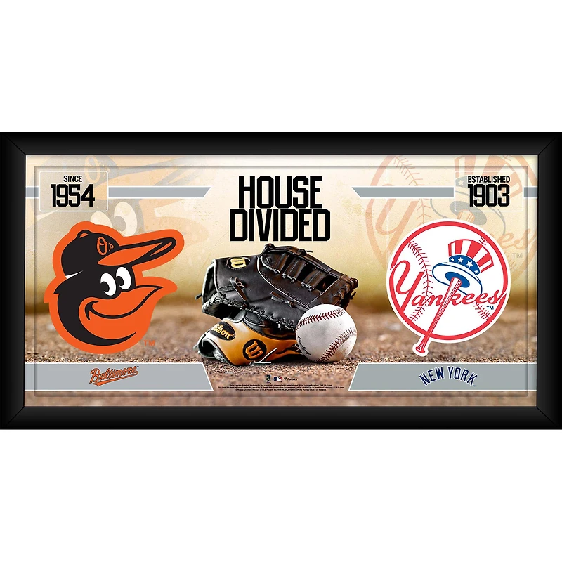 Collage encadré de baseball divisé en deux parties de 10" x 20" des Orioles de Baltimore contre les Yankees de New York