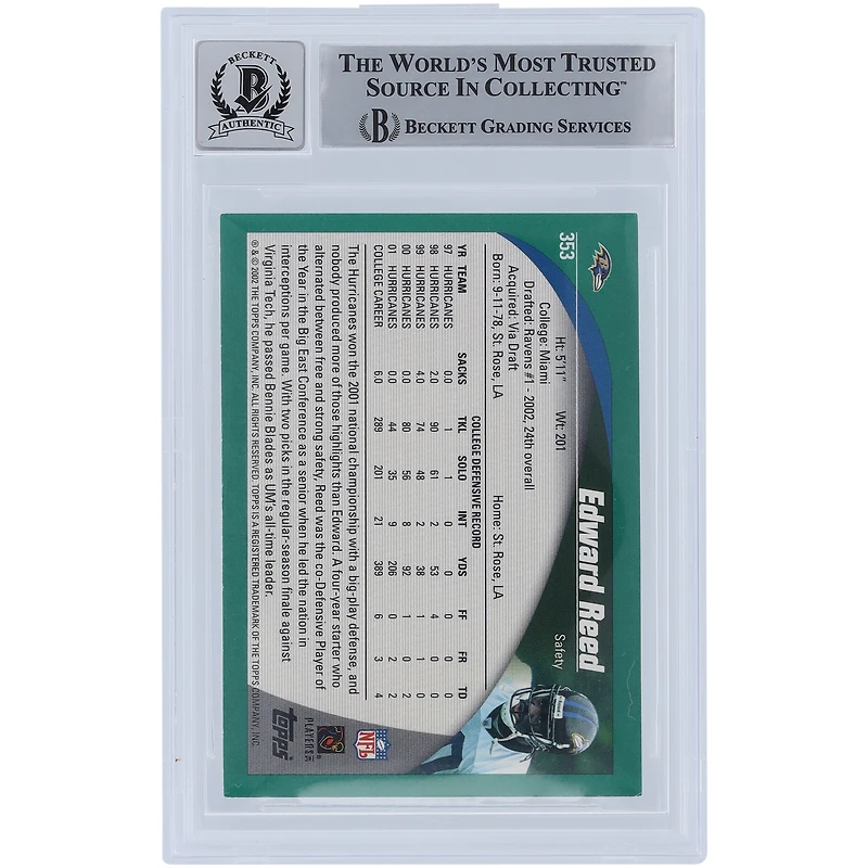 Ed Reed Baltimore Ravens Autographed 2002 Topps #353 Beckett Fanatics Witnessed Authenticated 10 Rookie Card