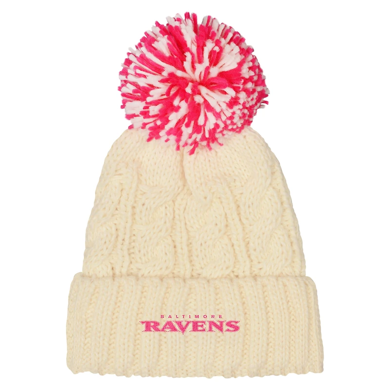 Bonnet en tricot torsadé blanc avec pompon pour fille Outerstuff Baltimore Ravens