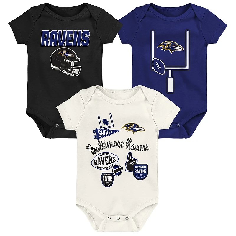 Ensemble de body trois pièces Outerstuff Baltimore Ravens Littlest Player pour bébé et nouveau-né