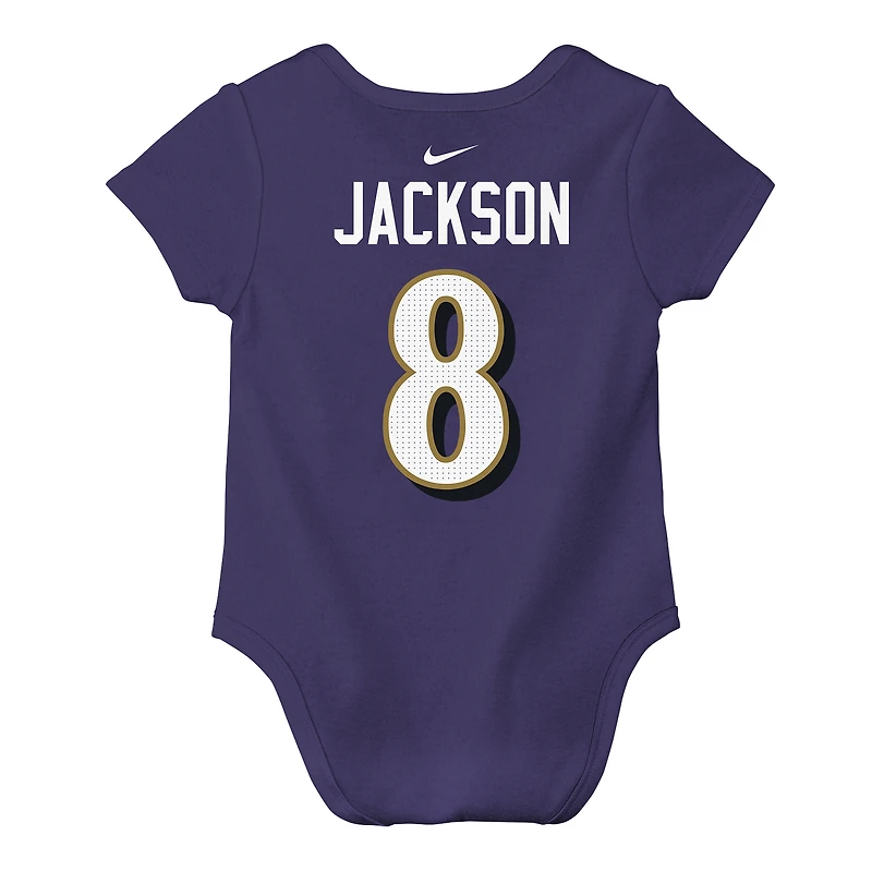 Body bébé Nike Lamar Jackson violet Baltimore Ravens avec nom et numéro