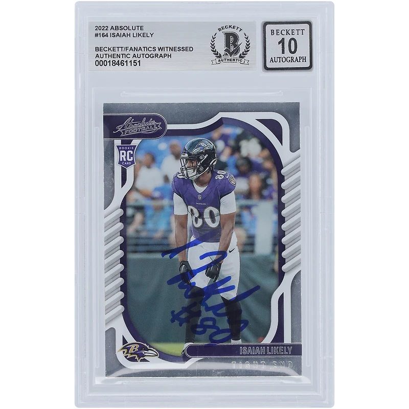 Carte de recrue autographiée Panini Absolute n° 164 Beckett 2022 par Isaiah Likely Baltimore Ravens