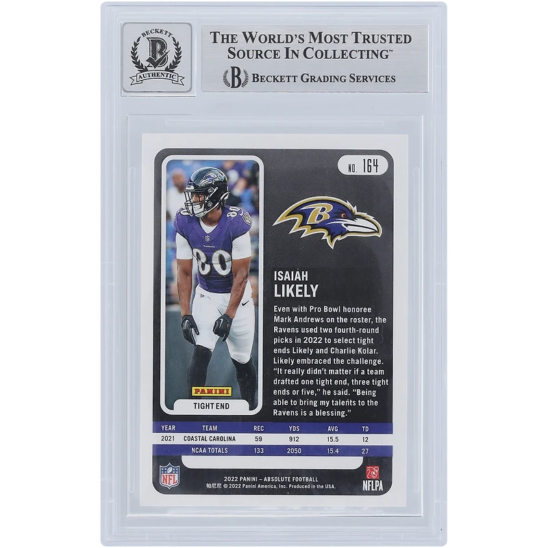 Carte de recrue autographiée Panini Absolute n° 164 Beckett 2022 par Isaiah Likely Baltimore Ravens