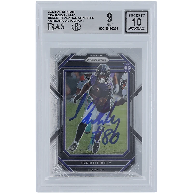 Carte de recrue Panini Prizm n° 363 autographiée par Isaiah Likely Baltimore Ravens 2022, Beckett Fanatics Witnessed Authenticated 9/10 Rookie