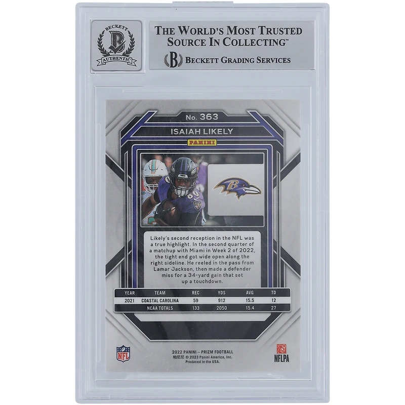 Carte de recrue Panini Prizm n° 363 autographiée par Isaiah Likely Baltimore Ravens 2022, Beckett Fanatics Witnessed Authenticated 9/10 Rookie
