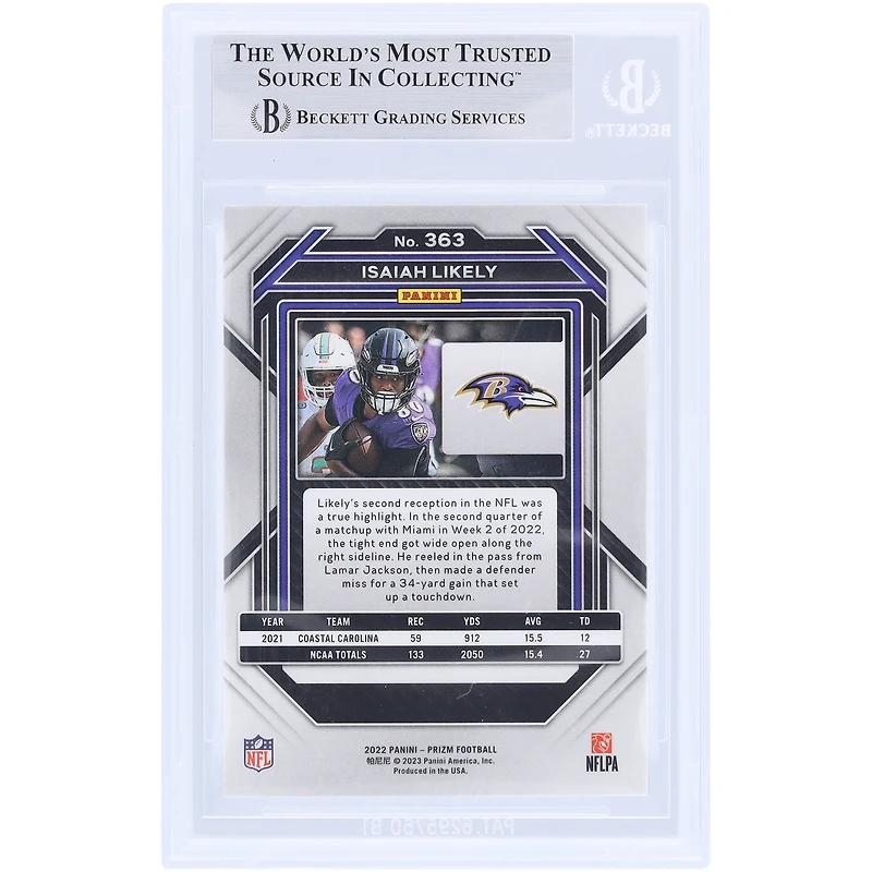 Carte de recrue authentifiée signée Isaiah Likely Baltimore Ravens Panini Prizm n° 363 2022 par les fanatiques de Beckett