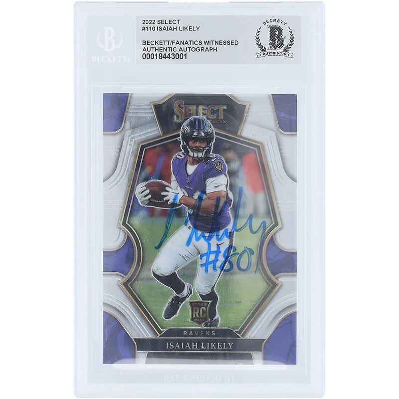Carte de recrue authentifiée signée Isaiah Likely Baltimore Ravens Panini Select n° 110 2022 par les fanatiques de Beckett
