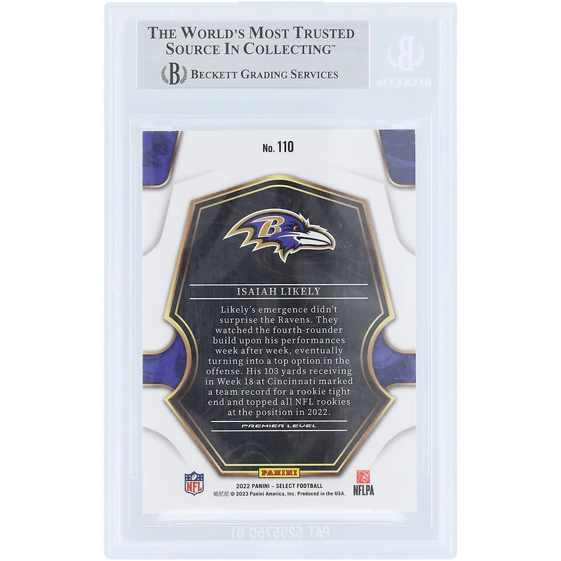 Carte de recrue authentifiée signée Isaiah Likely Baltimore Ravens Panini Select n° 110 2022 par les fanatiques de Beckett