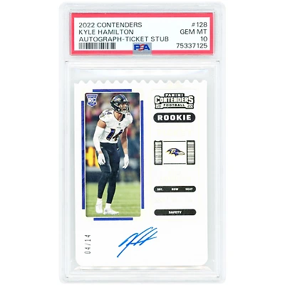 Kyle Hamilton Baltimore Ravens Autographed 2022 Panini Contenders Ticket Stub Variation Die Cut #128 #4/14 PSA Authenticated 10 Rookie Card