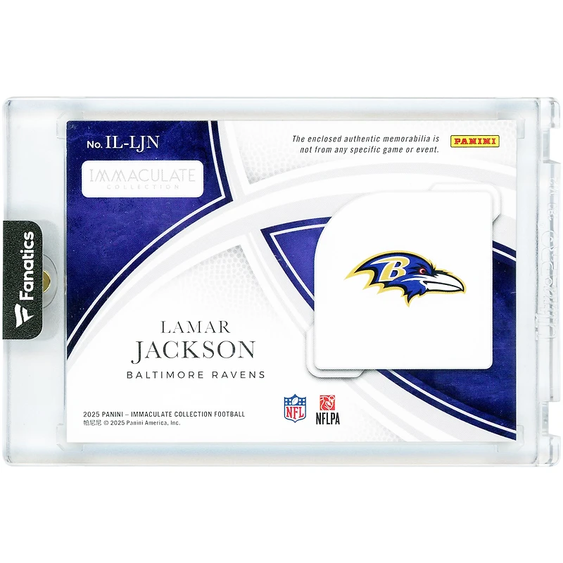 Carte Lamar Jackson Baltimore Ravens 2025 Panini Immaculate Collection, relique authentique d'étiquette de blanchisserie #IL-LJN #1/1