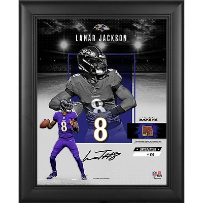 Collage Impact encadré de Lamar Jackson Baltimore Ravens, reproduction de signature, 11" x 14", avec un morceau de ballon de football utilisé en match - Édition limitée à 250 exemplaires