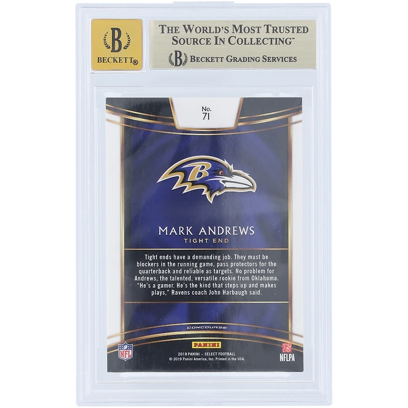 Carte de recrue autographiée de Mark Andrews (Baltimore Ravens) - Panini Select 2018 n° 71, authentifiée par Fanatics Witnessed (note 9,5/10).