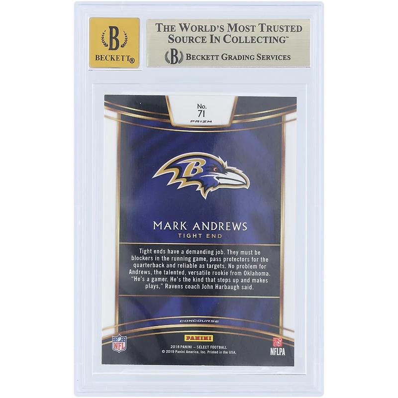 Carte de recrue autographiée de Mark Andrews (Baltimore Ravens) - Panini Select Silver Prizm 2018 n° 71 - Beckett - Authentifiée par Fanatics Witnessed (note 9,5/10)
