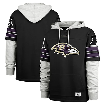 Men's '47 Black Baltimore Ravens Double Header Blitz Cornerback Pullover Hoodie