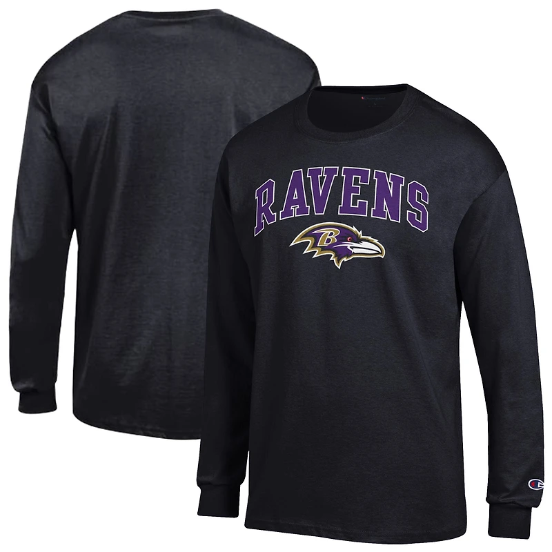 T-shirt à manches longues Champion noir pour homme, logo en arc des Ravens de Baltimore