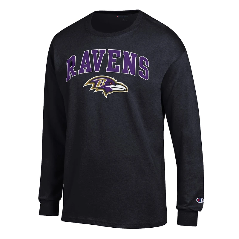 T-shirt à manches longues Champion noir pour homme, logo en arc des Ravens de Baltimore