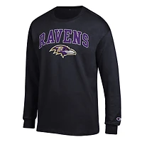 T-shirt à manches longues Champion noir pour homme, logo en arc des Ravens de Baltimore