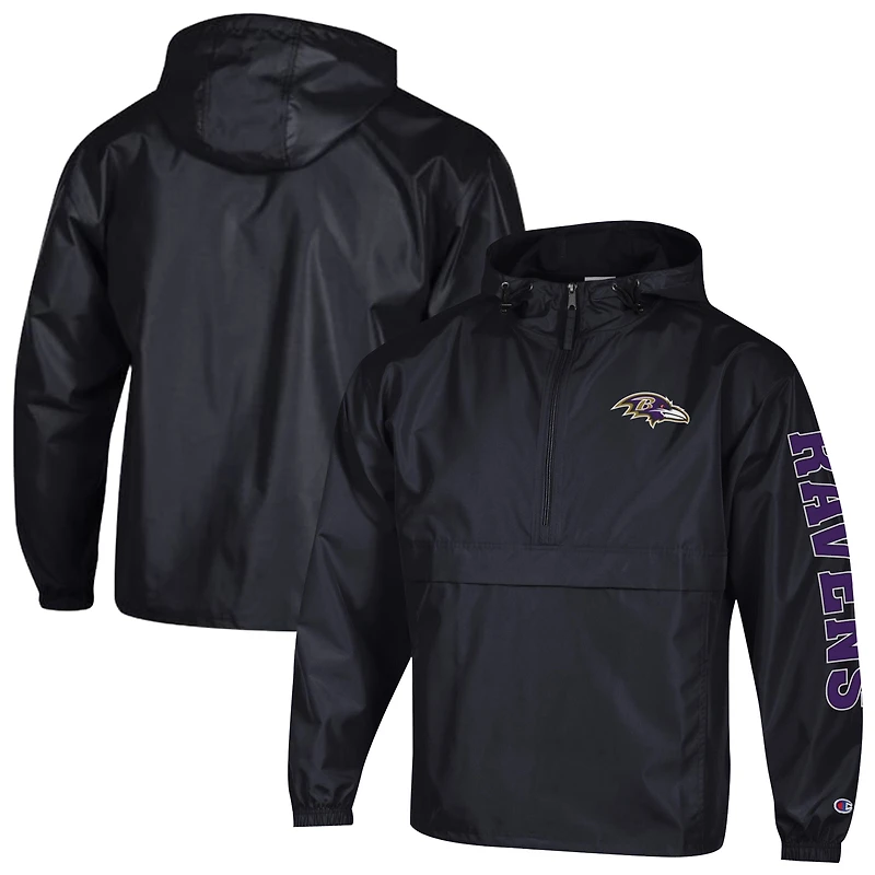 Men's Champion Black Baltimore Ravens Packable Hooded Windbreaker Half-Zip Jacket