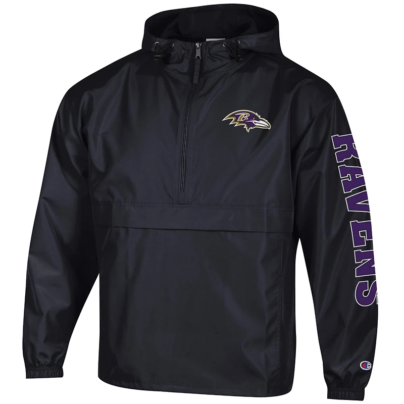 Veste coupe-vent à capuche zippée demi-zip Champion noire pour homme, modèle Baltimore Ravens