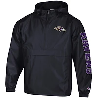 Veste coupe-vent à capuche zippée demi-zip Champion noire pour homme, modèle Baltimore Ravens