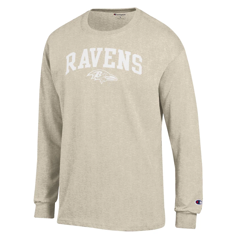 Men's Champion  Heather Oatmeal Baltimore Ravens White Ink Jersey Long Sleeve T-Shirt