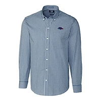 Chemise boutonnée à manches longues pour homme, bleu marine, coupe Cutter & Buck, Baltimore Ravens, extensible, facile d'entretien, motif vichy, grande taille