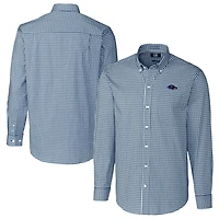 Chemise boutonnée à manches longues pour homme, bleu marine, coupe Cutter & Buck, Baltimore Ravens, extensible, facile d'entretien, motif vichy, grande taille