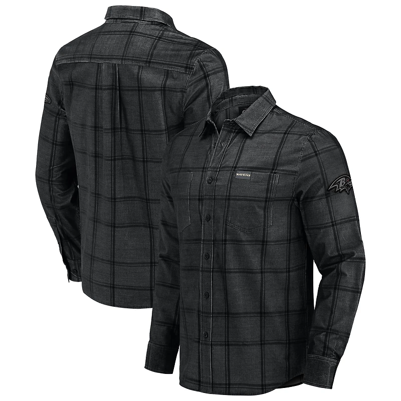 Men's Darius Rucker Collection by Fanatics Black Baltimore Ravens Micro Corduroy Plaid Button Up Shirt