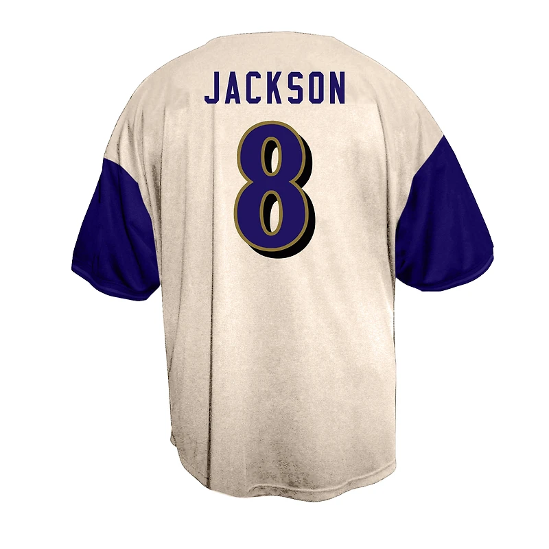 Chemise boutonnée de baseball Fanatics Lamar Jackson pour homme, couleur crème, style grand format, Ravens Baltimore