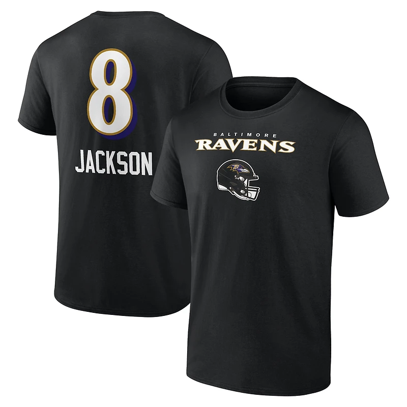 T-shirt noir pour homme Lamar Jackson avec nom et numéro de l'équipe des Baltimore Ravens