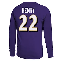 T-shirt à manches longues pour hommes Majestic Threads Derrick Henry violet Baltimore Ravens nom et numéro