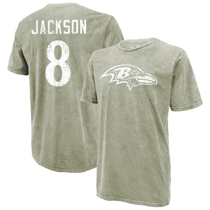 T-shirt Majestic Threads Lamar Jackson vert mousse Baltimore Ravens, délavage minéral, nom et numéro