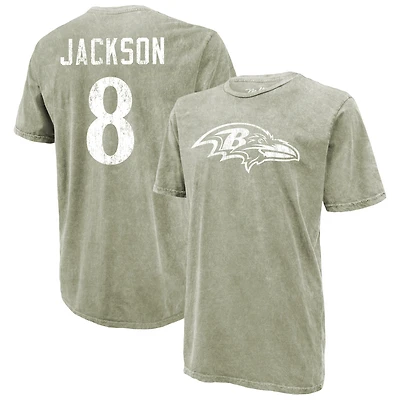 Men's Majestic Threads Lamar Jackson Moss Green Baltimore Ravens Mineral Wash Name & Number T-Shirt