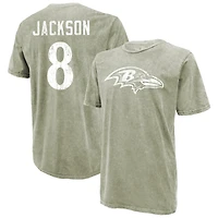 Men's Majestic Threads Lamar Jackson Moss Green Baltimore Ravens Mineral Wash Name & Number T-Shirt