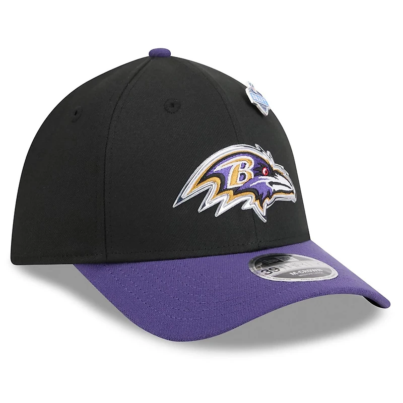 Casquette New Era Flex noire et violette Baltimore Ravens, édition spéciale NFL Draft 2026, modèle 39THIRTY M-Crown