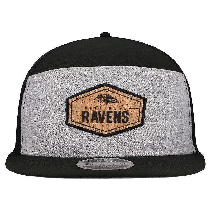 Men's New Era  Gray/Black Baltimore Ravens Cork Split Panel 9FIFTY Trucker Snapback Hat